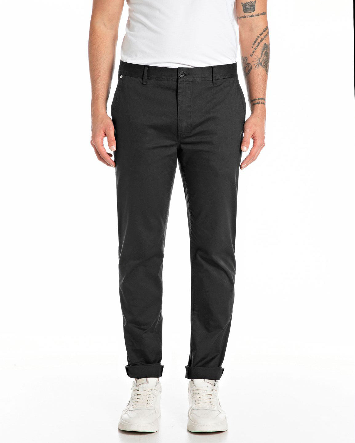 Replay Damian Regular Slim Mens Twill Trousers - Black | Replay Chinos & Non-Denim Pants | JEANSTORE